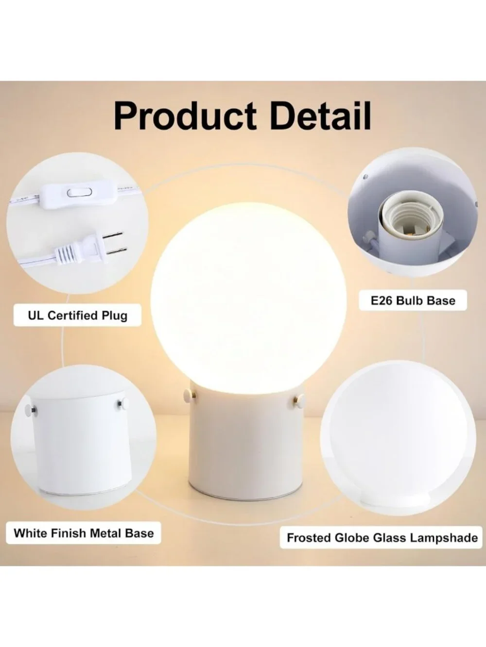 Modern White Table Lamp with Frosted Glass Shade, E26 Base, LED Bulb Included